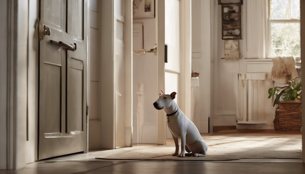 A Bull Terrier standing alert at a doorway, watching protectively while a family relaxes in the home.