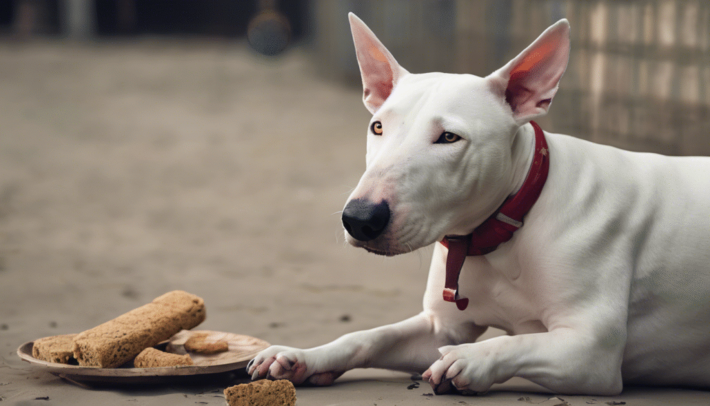 A Bull Terrier sitting with a tilted head during a training session, owner holding a treat, showing focus and curiosity.