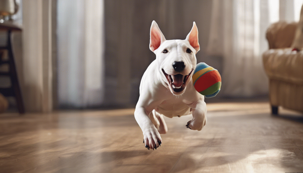 A playful Bull Terrier running indoors with a toy in its mouth, cheerful expression, family home setting.